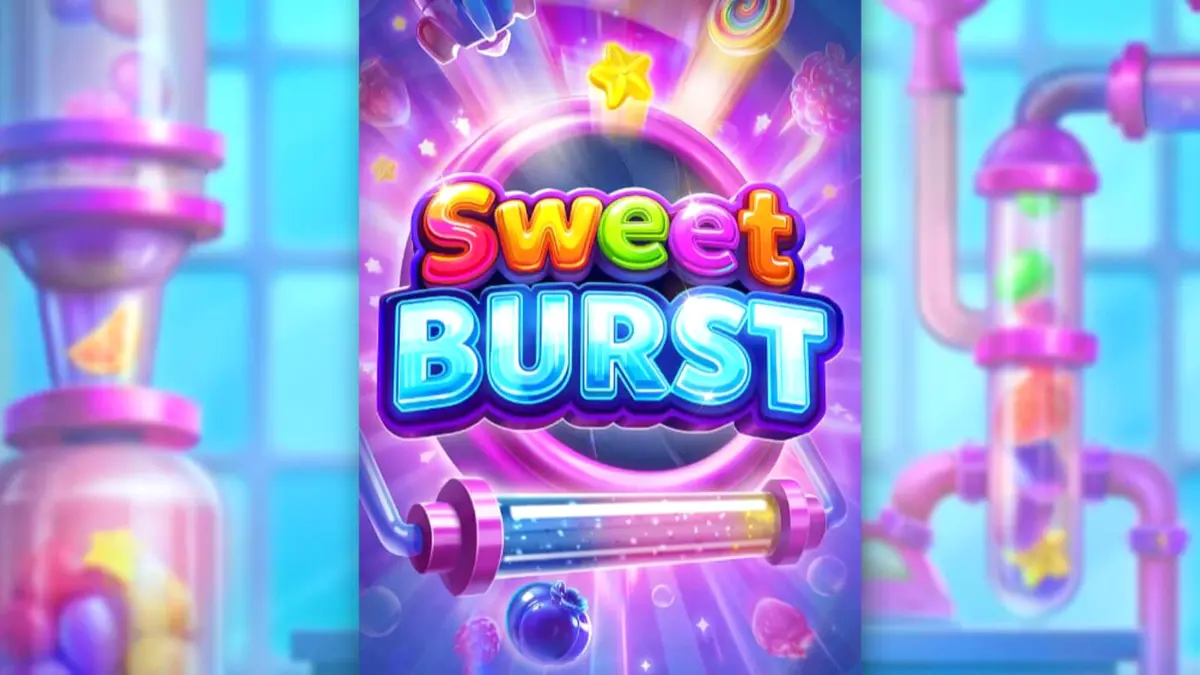 Tampilan visual slot Sweet Burst dengan tema laboratorium permen futuristik dan grid 6x5.