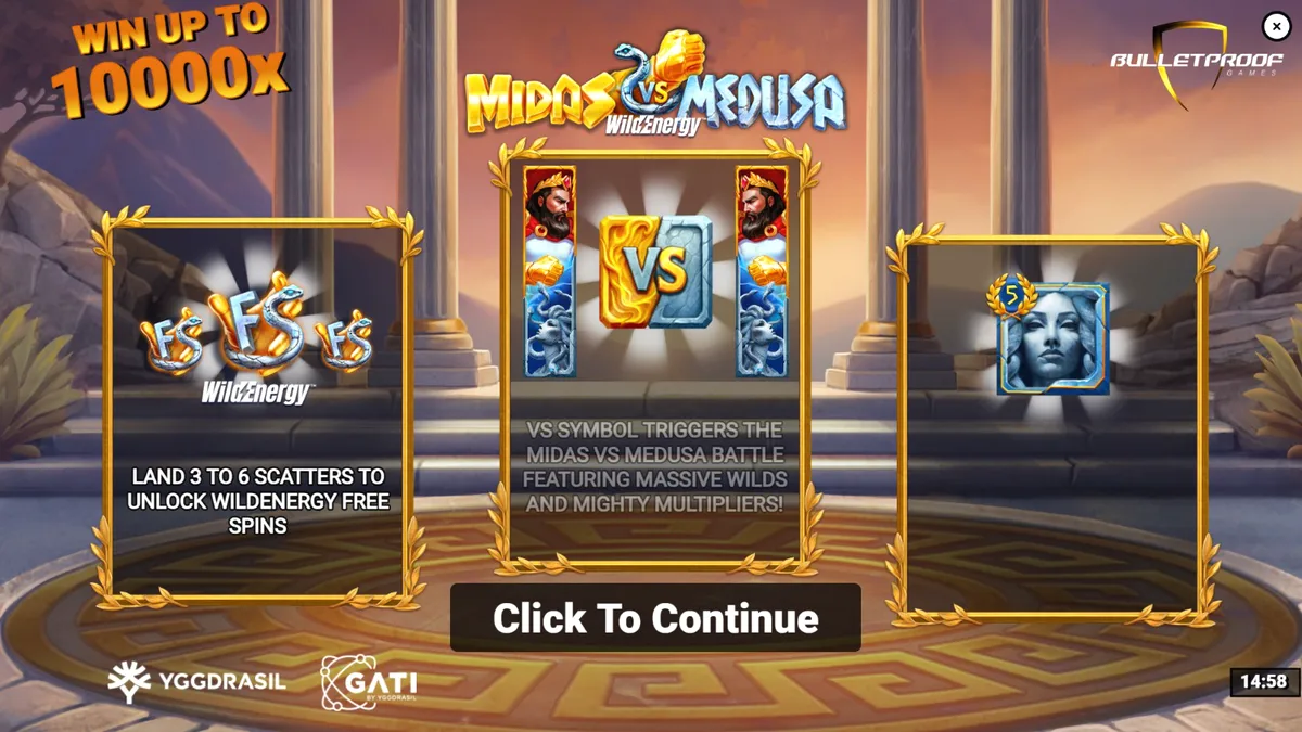Tampilan visual slot Midas VS Medusa WildEnergy dengan tema pertempuran mitologi.