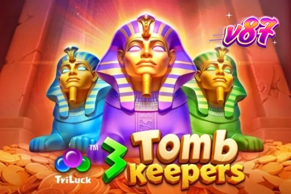 Tampilan visual slot 3 Tomb Keepers dengan patung Firaun dan simbol Mesir Kuno